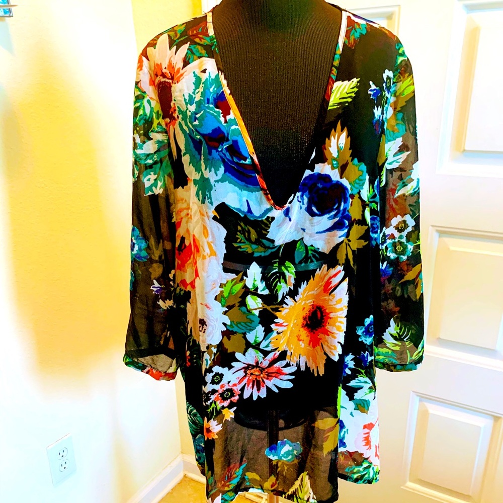 Black Multi Floral Sheer Swim Coverup